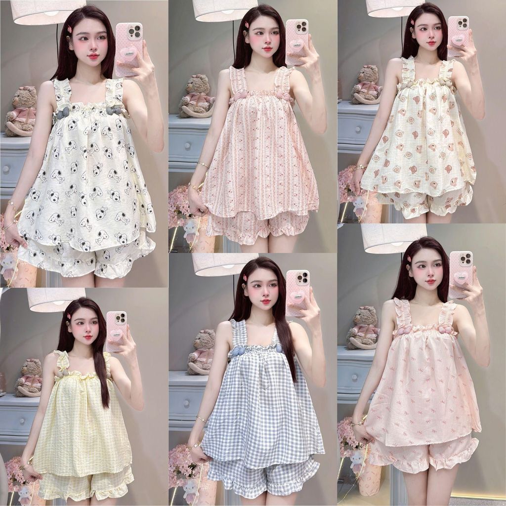 Bộ Đồ Ngủ Nữ JUSOKA  Pijama DU54 Đũi Vân Mây 2 Dây Viền Bèo Đính Nơ Mềm Mịn Cao Cấp Thoải Mái Dễ Thư