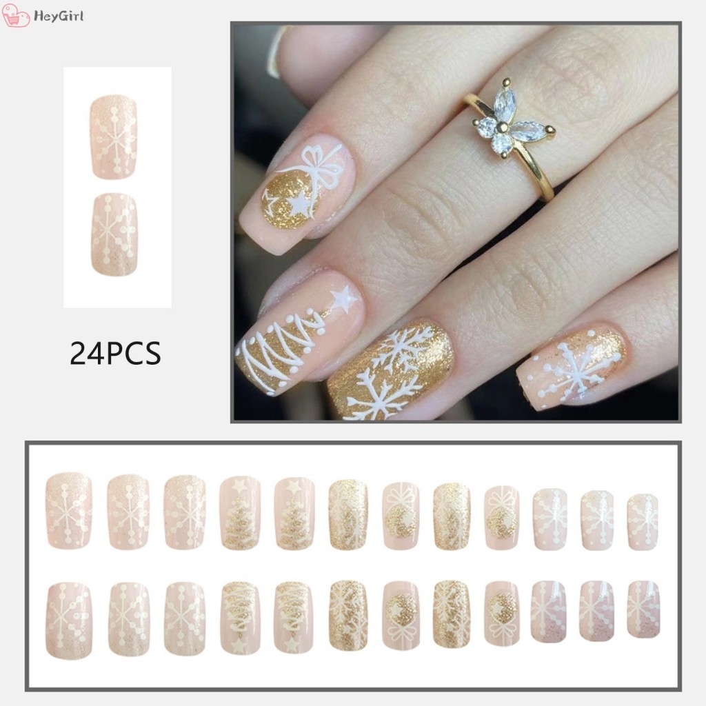 24 Chiếc Bấm Vào Móng Tay Giả JB500 Vàng Lấp Lánh Cây Giáng Sinh Bông Tuyết Đầu Móng Tay Cho Nữ Cô G