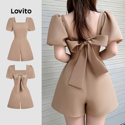 (New Arrival) Lovito Bộ áo liền quần nữ dáng suông màu khaki thắt nơ phong cách mùa xuân/hè L195AD229