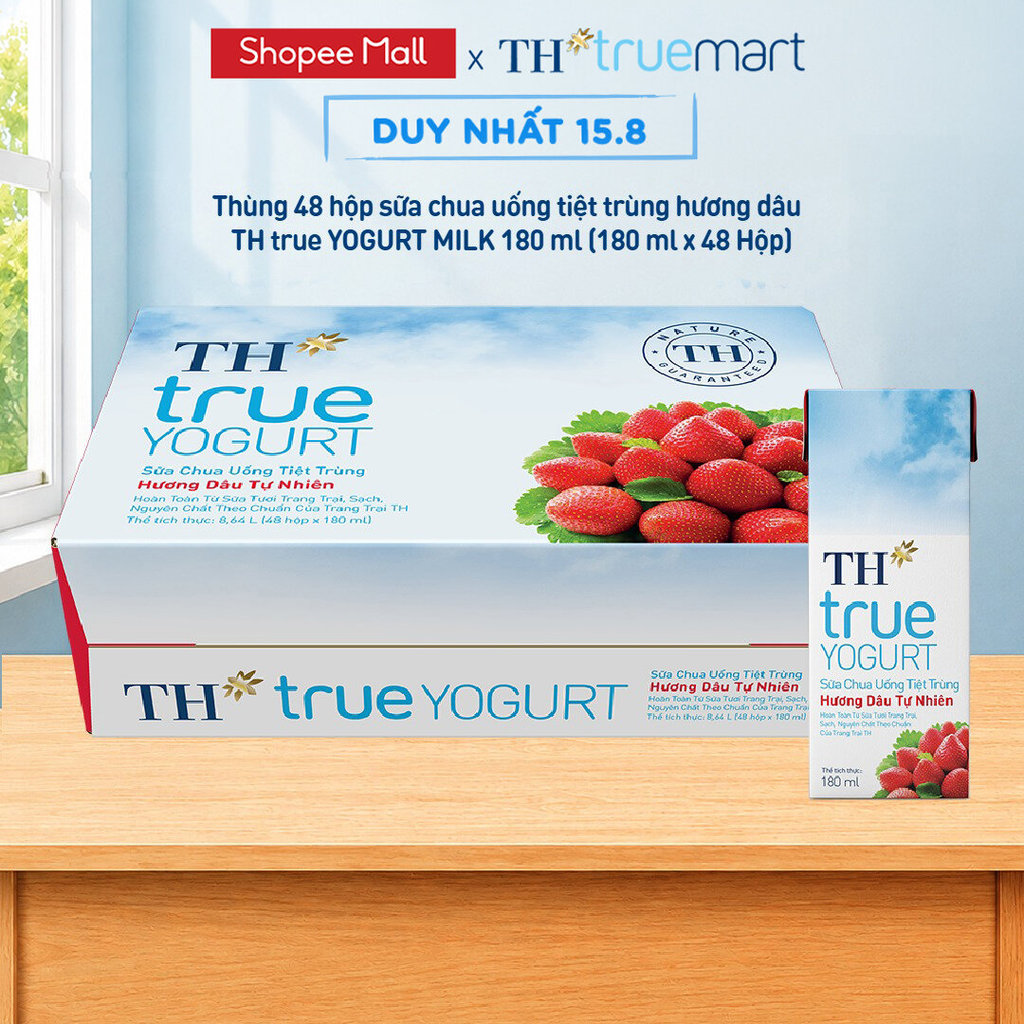 Thùng Sữa Chua Uống Tiệt Trùng Hương Dâu TH True Yogurt milk 180ml (48 Hộp)