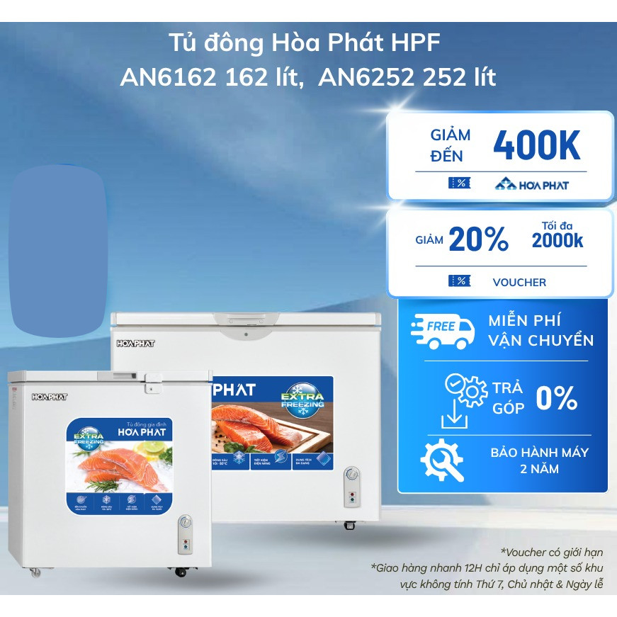 [Hỏa tốc 2h] Tủ đông Hòa Phát HPF AN6162 162 lít/AN6252 252 lít - Có bánh xe di chuyển, Điều chỉnh n
