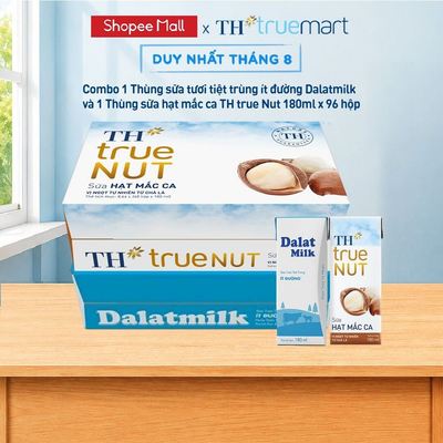 Combo 1 Thùng sữa tươi tiệt trùng ít đường Dalatmilk và 1 Thùng sữa hạt mắc ca TH true Nut 180ml x 96 hộp