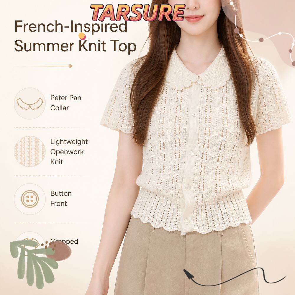 Áo sơ mi dệt kim tay ngắn TARSURR, Nút phía trước kết cấu Openwork Crop Top, Phong cách crop Peter P