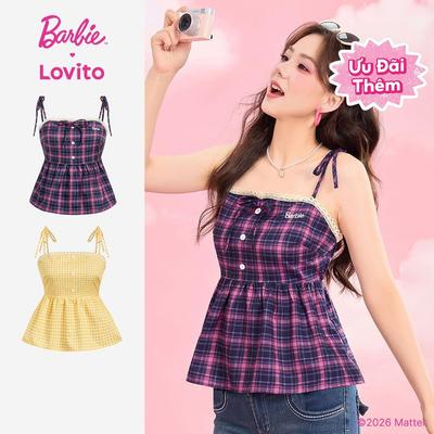 Barbie™ X Lovito Phong cách thường ngày Áo sơ mi nữ tay ngắn cài nút cổ bèo nhún lai bèo nhún phong cách xuân/hè TKBL4PAD004
