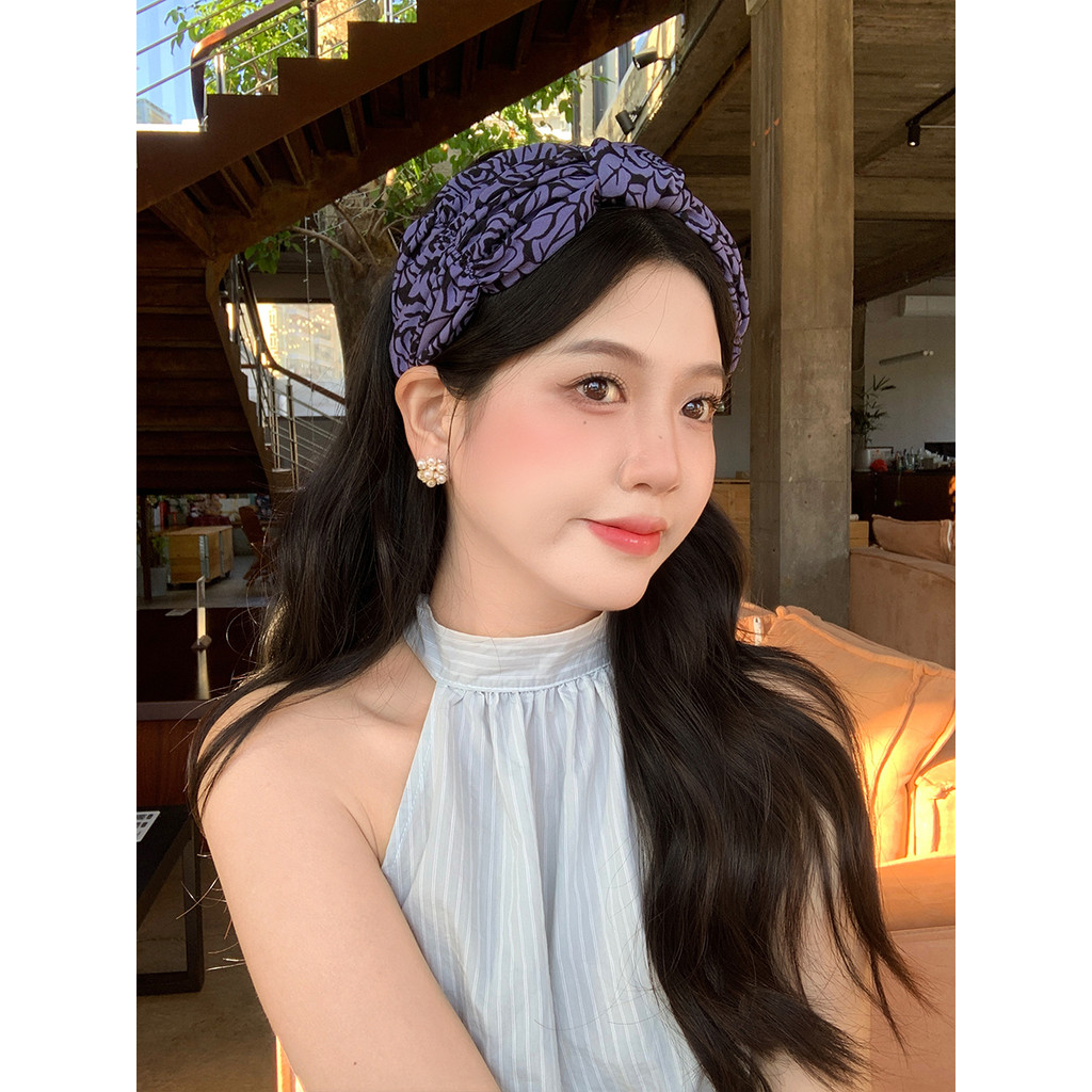 < Bishui Lanshan > Mùa Xuân Hè Phong Cách Mới Băng Đô In Hình Retro Mũ ca4la Thắt Nút Dây Đeo Đầu Nữ