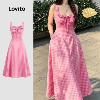 (New Arrival) Lovito Đầm Boho Ruffle Draped Mùa Xuân/Hè màu hồng cho nữ L198ED207