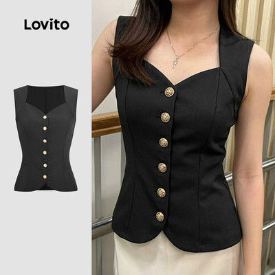 Áo Lovito thanh lịch có nút mùa xuân/hè màu đen cho nữ LK5LD1130