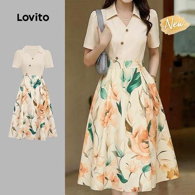 (New Arrival) Lovito Đầm nữ màu vàng xuân hè 2 trong 1 giả nút xếp nếp thanh lịch L198ED255