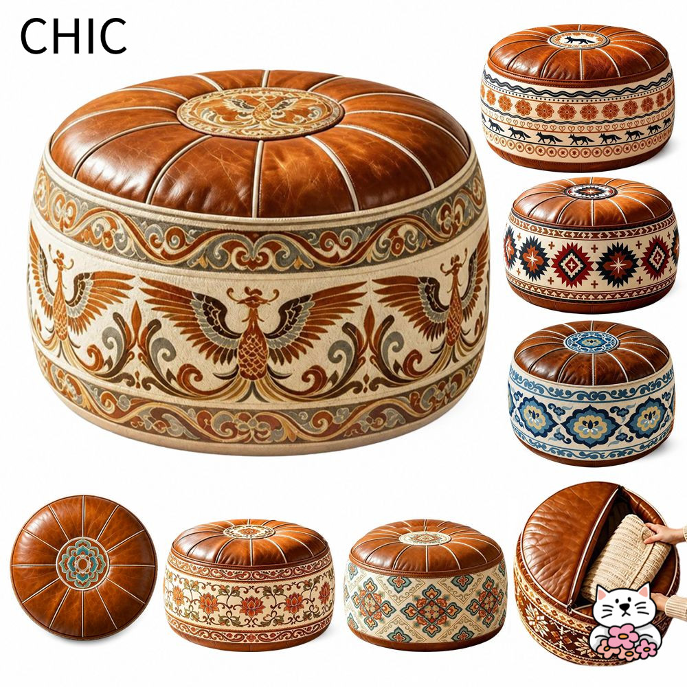 CHIC Storage Ottoman, Phong Cách Ma-rốc Thêu Họa Tiết Có Thể Lấp Đầy Ottoman Pouf, Da PU Hình Tròn Đ