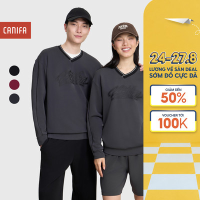 Áo nỉ unisex người lớn CANIFA dài tay cổ V form rộng 5TW25W010