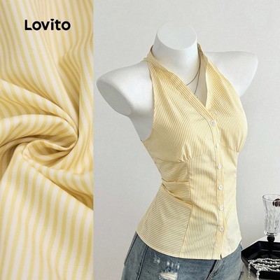 (Phong cách thường ngày) Lovito Áo sơ mi nữ tay thắt lưng hở lưng mùa xuân hè màu vàng dễ thương L155AD071