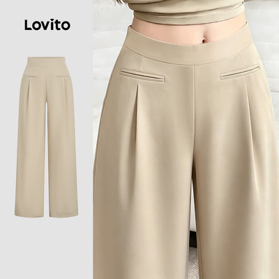 Quần Lovito phong cách thường ngày giả túi khóa kéo có nút mùa xuân/hè màu kaki cho nữ LK4ED715