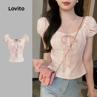 Lovito Áo Sơ Mi Hồng Kẻ Caro Thắt Nơ Kiểu Dáng Phong cách thường ngày Thích Hợp Cho Mùa Xuân/hè Dành Cho Nữ L136AD105