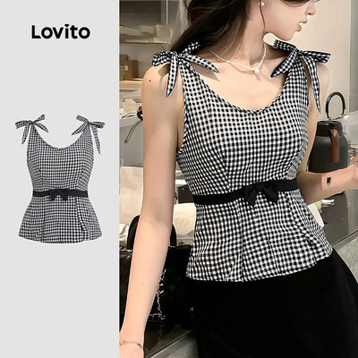 (New Arrival) Lovito Áo đen phối màu nơ thanh lịch dành cho nữ LK7ED413