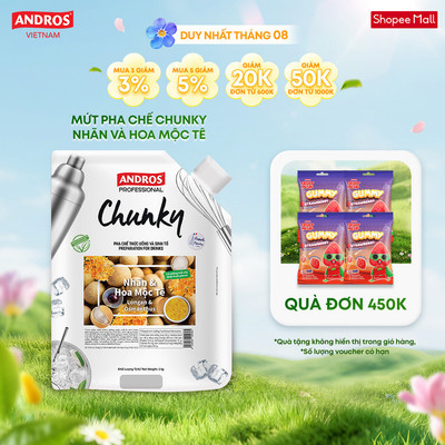 Mứt Trái Cây Pha Chế Nhãn & Hoa Mộc Tê - Có miếng trái cây thật - Nguyên liệu pha chế - ANDROS CHUNKY - 1kg