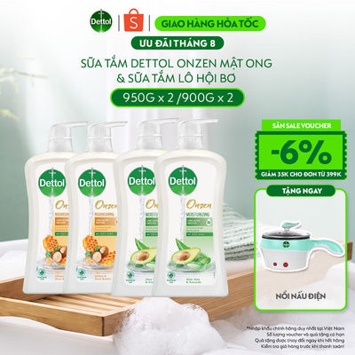 Combo 4 chai sữa tắm Dettol: 2 chai Onzen Mật ong 950g và 2 chai Lô hội & Bơ 900g