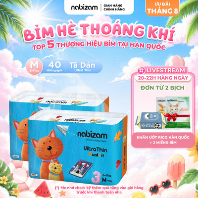 [TÃ DÁN] Combo 2 Bịch Tã Dán NABIZAM Ultra Thin Size M Cho Bé 6-11kg, 40 Miếng/Bịch