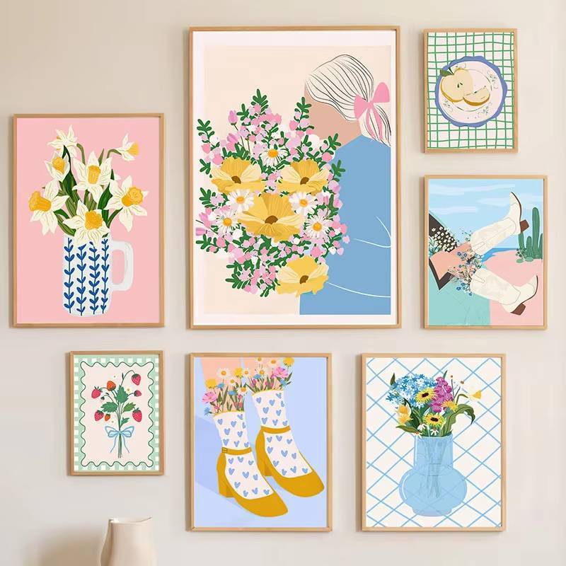 Retro Flowers Fruit Vase Gallery Colorful Funky Poster And Prints Simple Wall Art Canvas Painting Pi