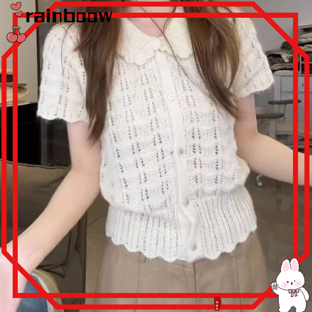 Áo sơ mi dệt kim tay ngắn RAINBOOW, họa tiết Openwork Peter Pan Collar Crop Đan Top, Nút croped phía