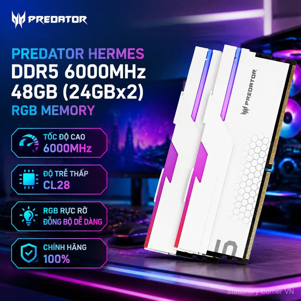RAM desktop Acer Predator 48GB (24GBx2) DDR5 6000C28 RGB mới, hiệu năng cao, tản nhiệt tốt, bán chạy