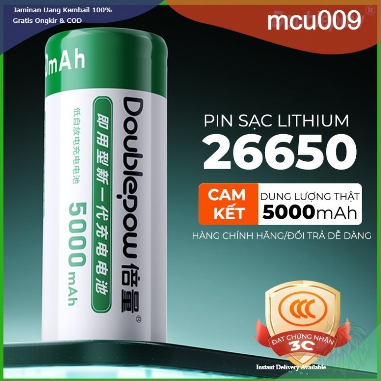 Pin Sạc 26650 Doublepow dung lượng thực 5000mAh, pin Lithium dùng thay thế chế pin 2s, 3s, 4s, đèn p