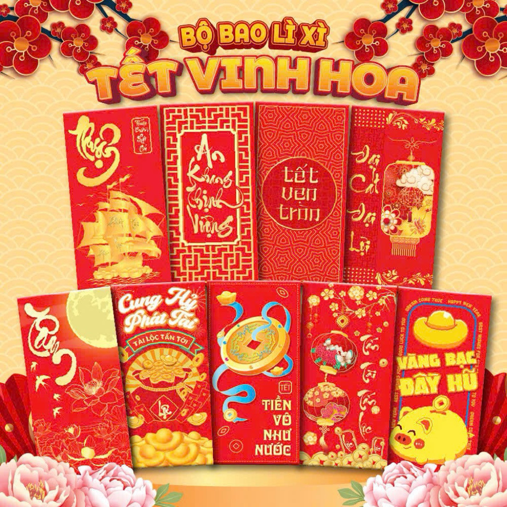 [ Bao lì xì Chất ] 10 xấp 100 bao lì xì đỏ đủ mẫu giao ngẫu nhiên đủ mẫu, bao lì xì tết