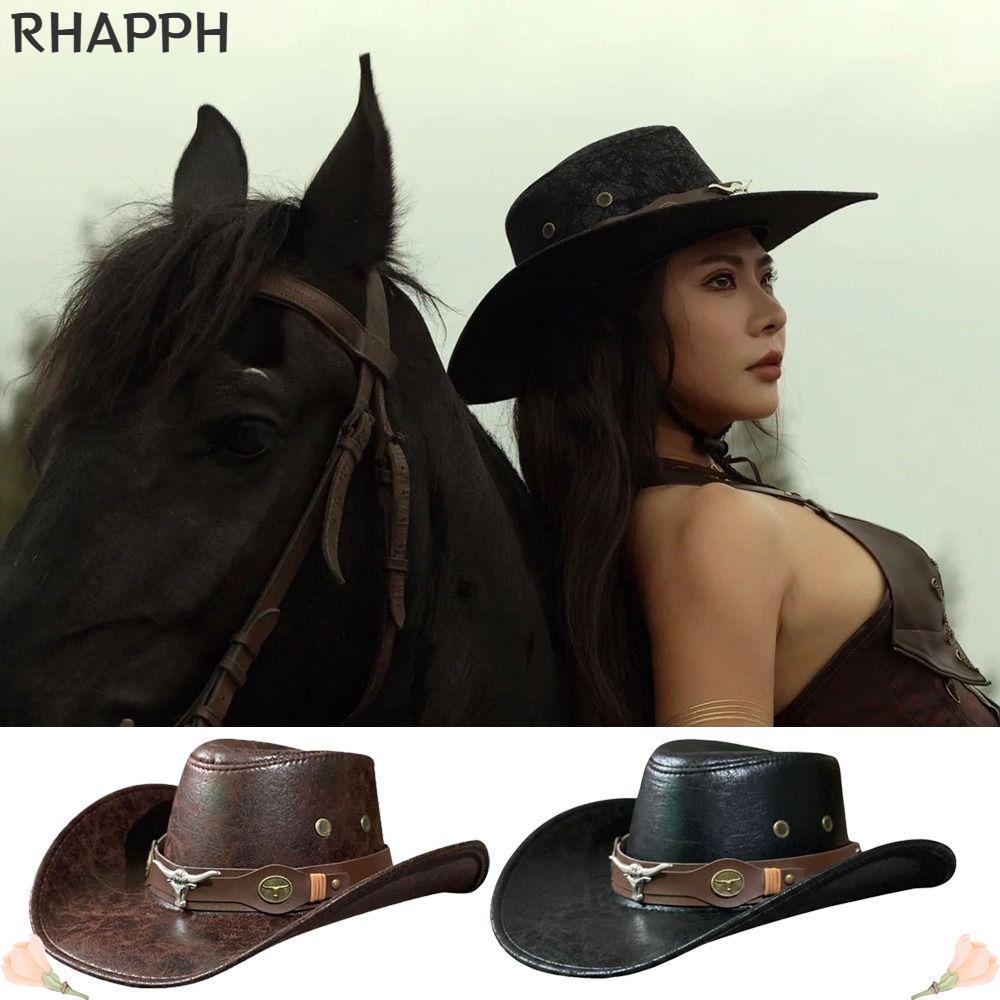RHAPPH Western Cowboy Hat, Bull Head Buckle Vintage Faux Leather Cowboy Hat, Thời Trang Retro Chống 