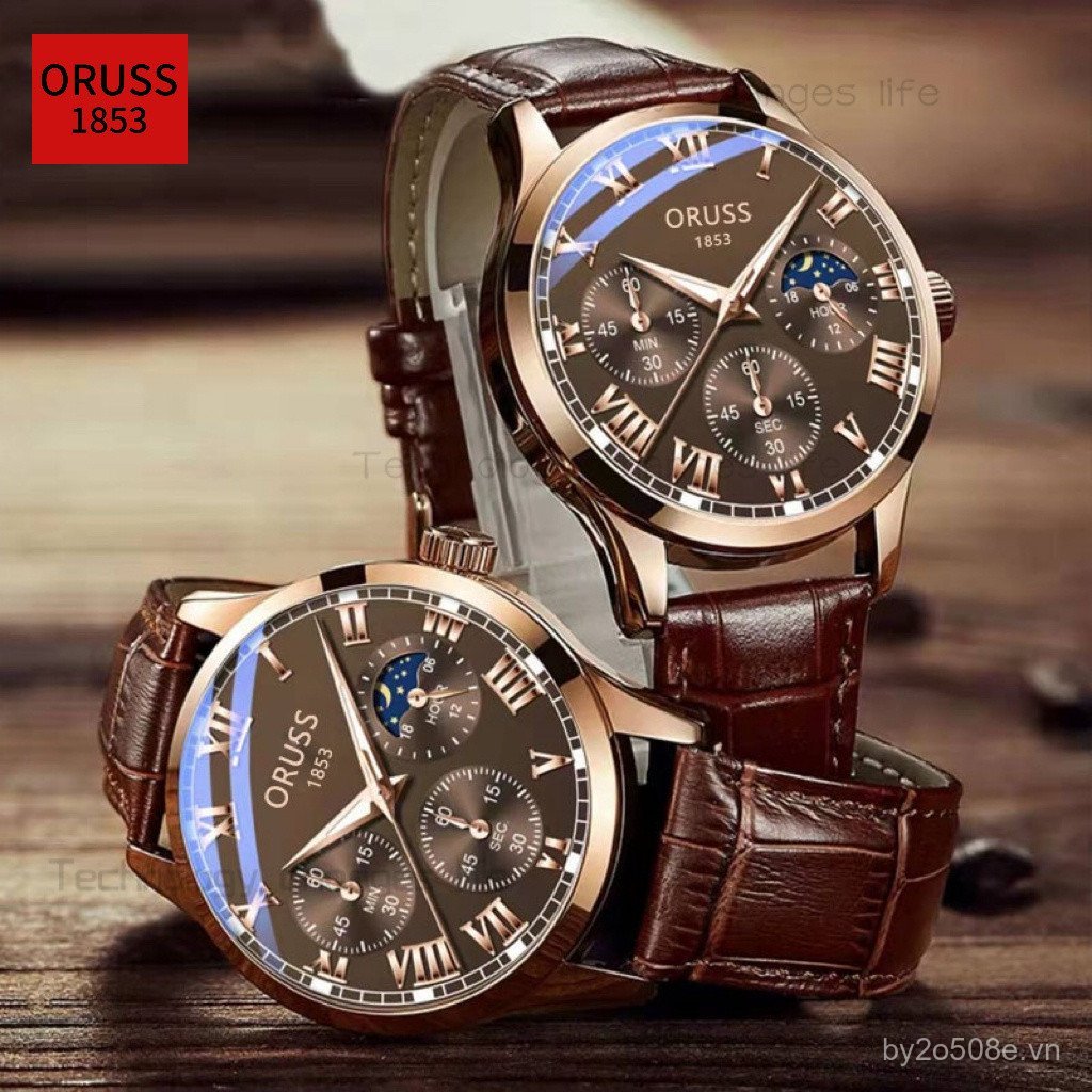 Đồng hồ nam bằng da ORUSS Đồng hồ nam Thụy Sĩ dạ quang chống nước sang trọng Hàn Quốc UVKC