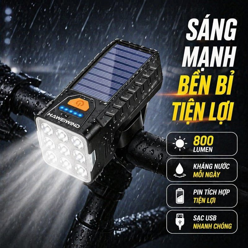 Đèn Pha Xe Đạp Năng Lượng Mặt Trời 800 Lumen 5 Chế Độ Sạc USB Chống Nước Dễ Lắp