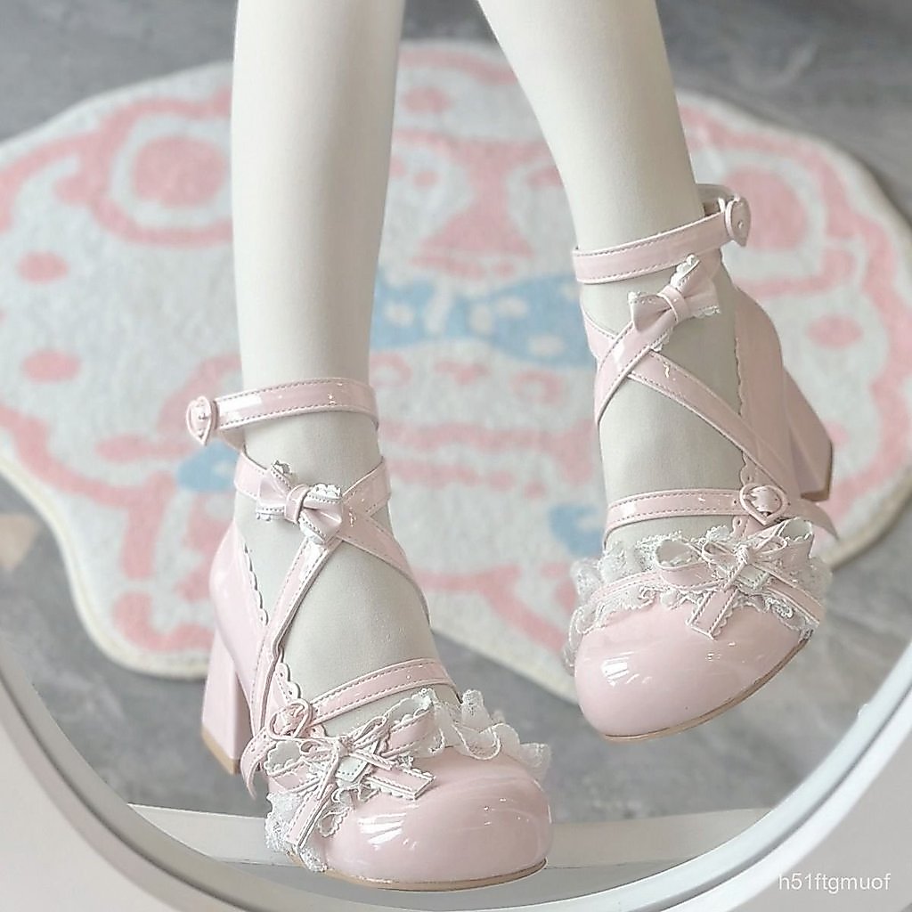 lolita Giày da Lolita mũi tròn dễ thương, viền ren, giày Mary Jane nữ tính có nơ dành cho các bé gái