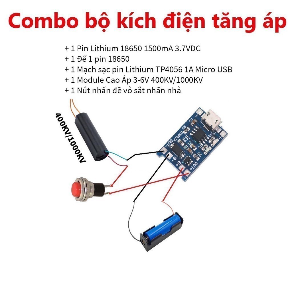097 Kích Điện Cao Áp, Vào 3V7-6V ra 400KV/1000KV (Máy đánh lửa, dùi cui) - Module tăng áp