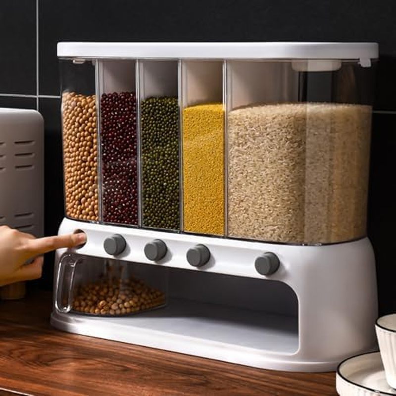 ETOYA Dry Food Dispenser, Wall mounted 5 Grid Cereal Dispenser,Rice dispenser 25 pounds Kitchen Stor