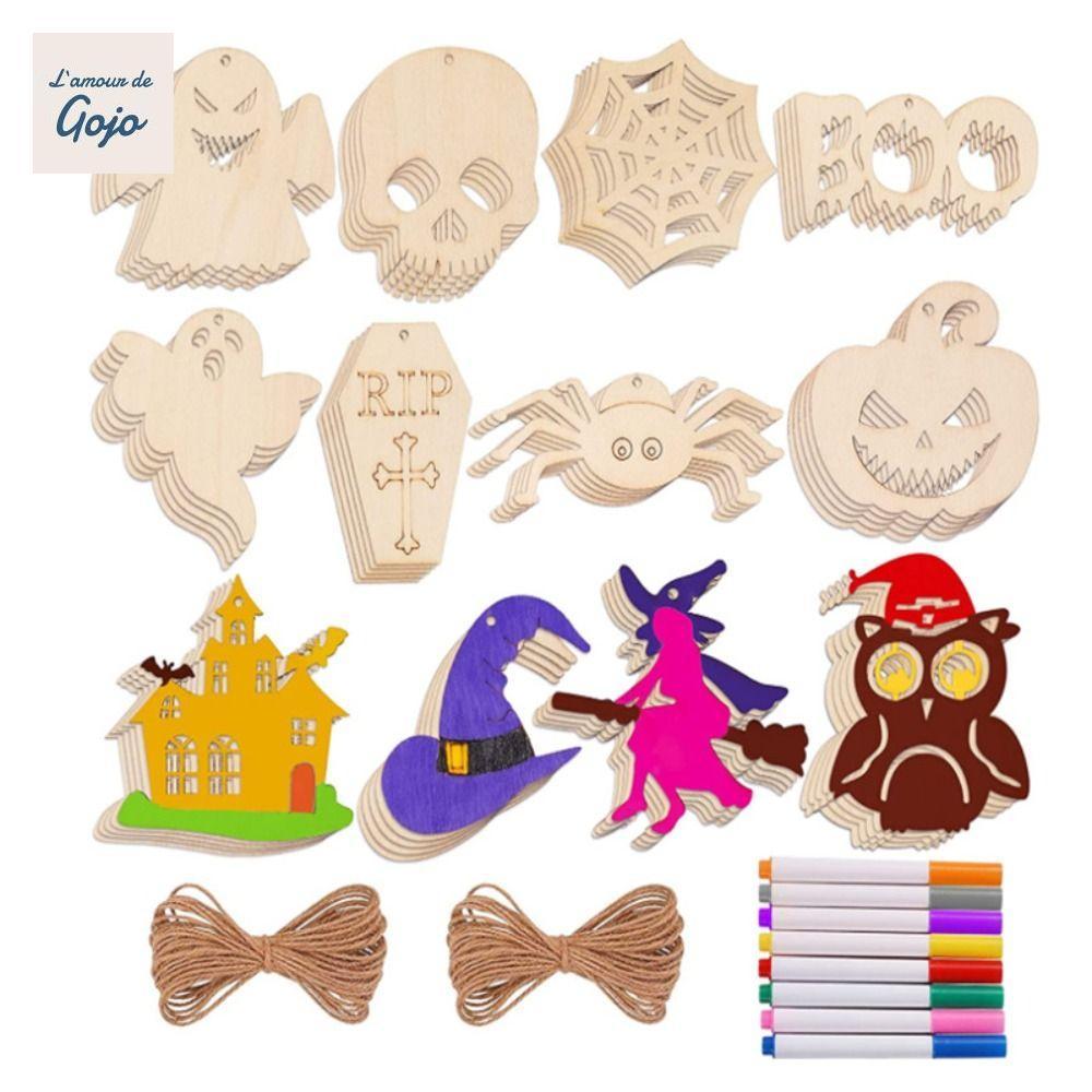 GOJO 12 CHIẾC HALLOWEEN PUMPKIN WOODEN CHIPS DIY TRANG TRÍ NHÀ CHƯA HOÀN THÀNH BÍ NGÔ TREO PHÙ THỦY 