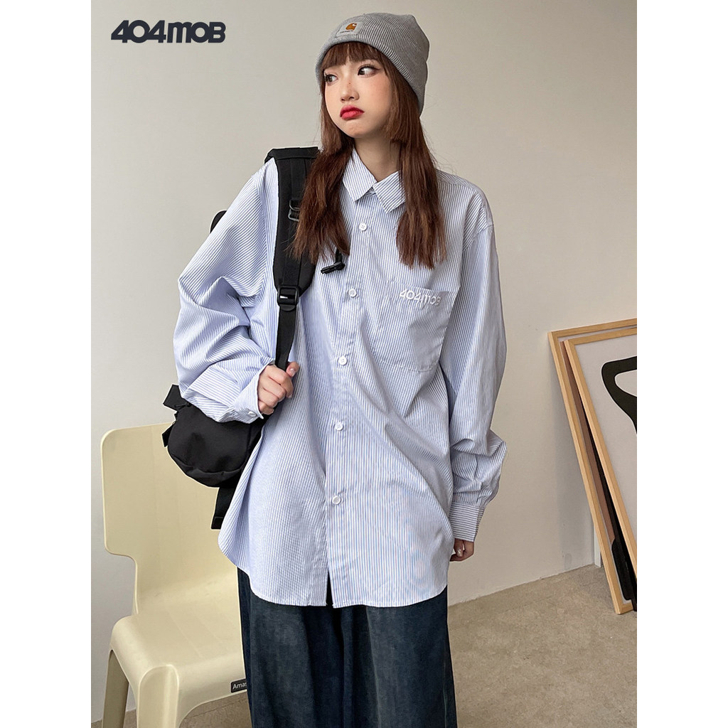 404MOB Quốc Gia Hợp Thời Trang Retro Cổ Điển Thêu Sọc Dài Tay Áo Sơ Mi Nam Nữ ins Rời Áo Sơ Mi Áo Sơ