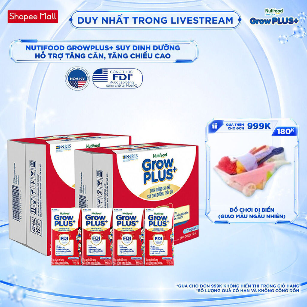 Thùng SBPS Nutifood GrowPLUS+ ít đường Suy Dinh Dưỡng - Tăng Cân, Tăng Chiều Cao (48 Hộp x 110ml) (B
