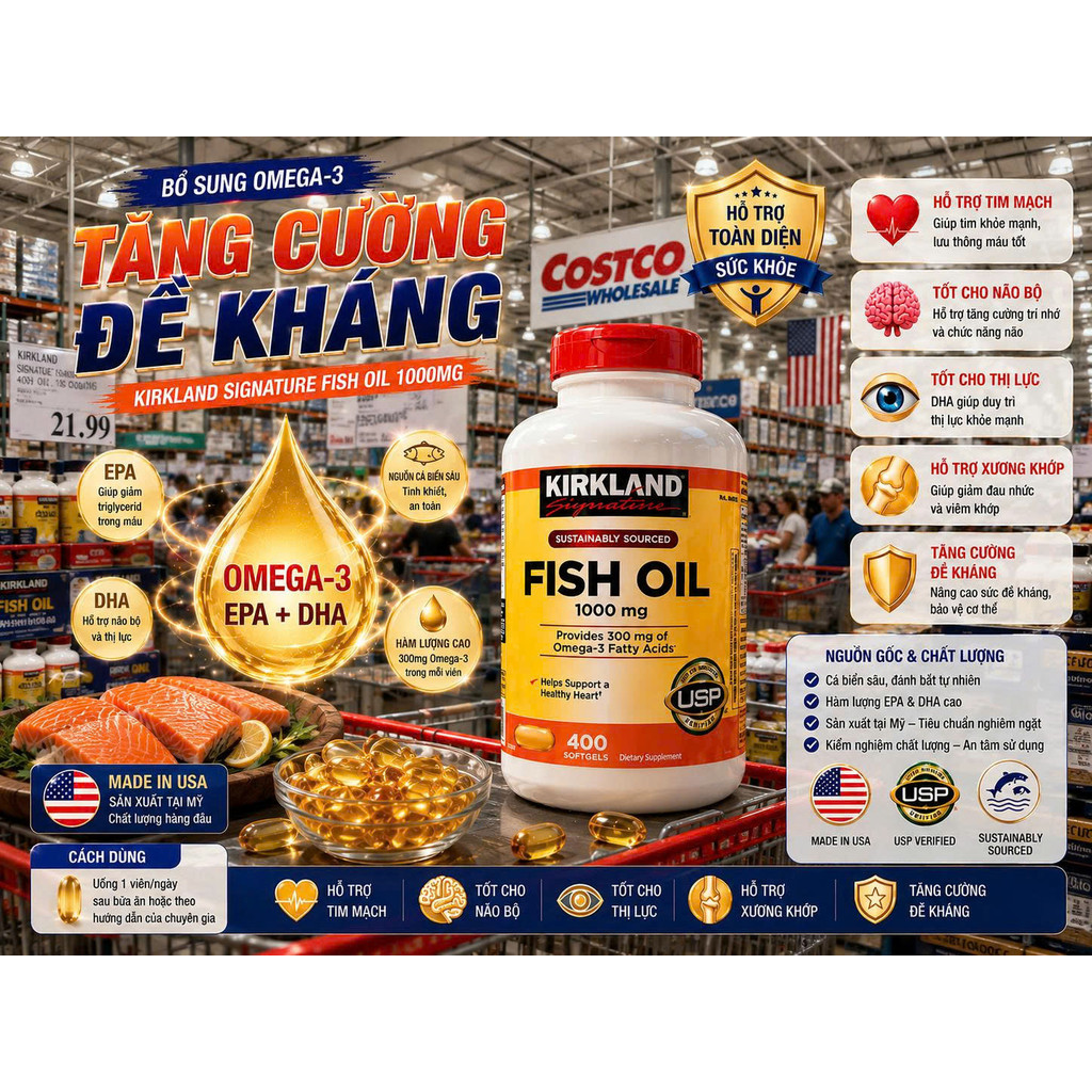 Dầu Cá Kirkland Signature Omega-3 Fish Oil 1000mg (400 Viên)