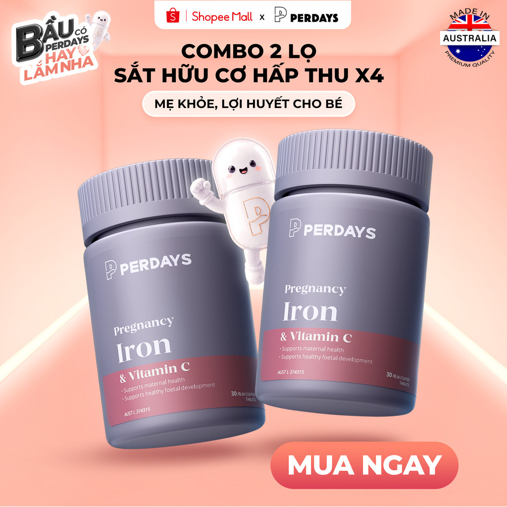 Combo 2 Lọ Sắt Bầu Perdays Vitamin C Ngừa Thiếu Máu Thiếu Sắt Cho Mẹ Bầu Lọ 30 Viên x 2
