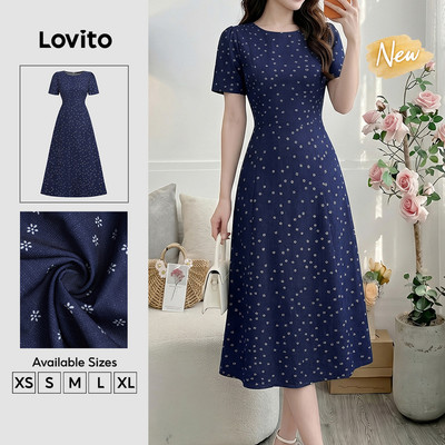(New Arrival) Lovito Váy Khaki Nữ Thanh Lịch Hoa Nhí Cấu Trúc Đường Kẻ Đi Làm Dài Mùa Xuân Hè Thời Trang Công Sở DRB202P2D596