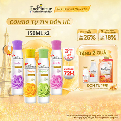 Combo 2 Xịt khử mùi Enchanteur khô thoáng 72 giờ, cảm giác tươi mát sảng khoái lâu dài 150ml