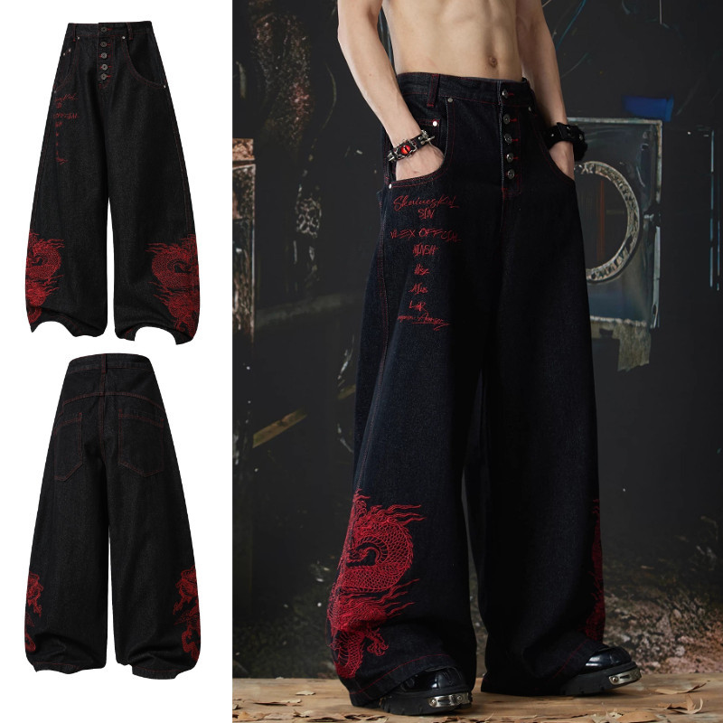 American Heavy Industry Red Dragon Totem Thêu Ngực Quần Jean Rời Lau Rộng-