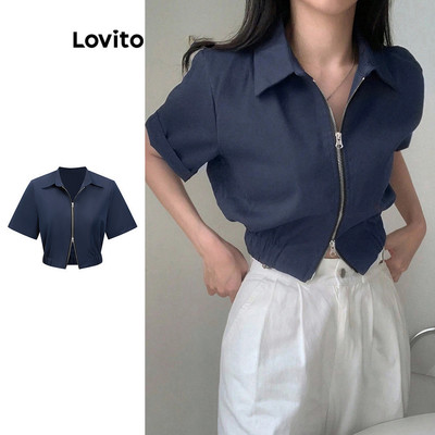 Lovito Phong cách thường ngày Áo sơ mi Preppy trơn có dây kéo cho nữ L82AD009 (Nhiều màu)