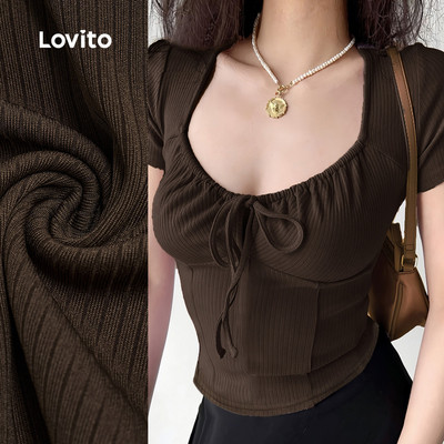 Áo thun Lovito màu nâu thắt nơ phía trước xếp ly chất liệu tốt phong cách thường ngày mùa xuân/hè L138ED170