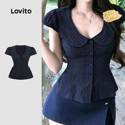 (New Arrival) Lovito Áo sơ mi nữ màu xanh Navy đơn giản mùa xuân/hè BLB200TD070