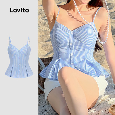 (Phong cách thường ngày) Lovito Áo cổ thắt nút đơn giản có đường nếp kiểu dáng thoải mái mùa Xuân/Hè màu xanh cho phụ nữ L144AD031