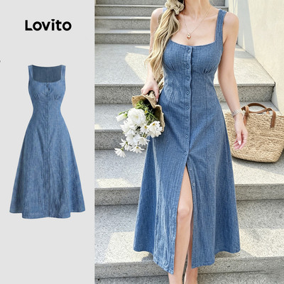 (New Arrival) Lovito Đầm nữ màu xanh dương mùa xuân/hè thanh lịch nút cài xẻ tà viền bèo LK7ED1409