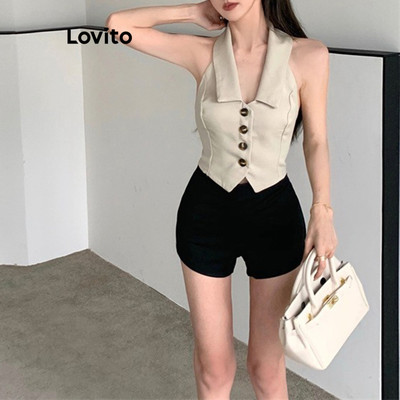 (thanh lịch) Áo kiểu Lovito cài nút phía trước màu trơn phong cách dành cho nữ L86ED236