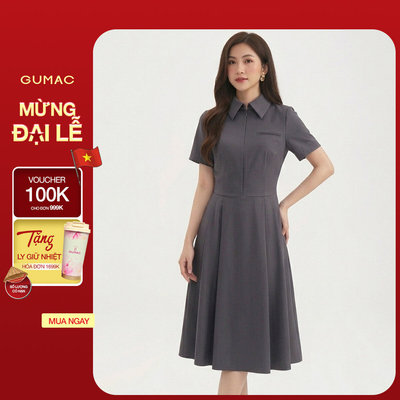Đầm Nữ GUMAC Cổ Sơ Mi Dáng A Xòe Tay Ngắn Thanh Lịch LDF0825