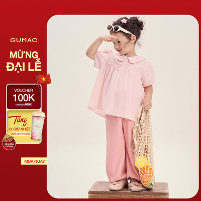 Áo Kiểu Bé Gái GUMAC Form Babydoll Cổ Lá Sen Tay Phồng Kate Sọc Tiểu Thư AKG04050