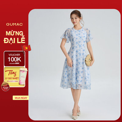 Đầm Nữ GUMAC Form A Xòe Cổ Tròn Tay Cánh Tiên Mềm Mại Nút Dọc Giữa Thân Tinh Tế Hiện Đại DG06035