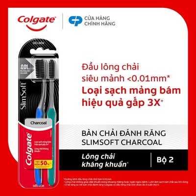 Bộ 2 bàn chải Colgate SlimSoft Charcoal than hoạt tính kháng khuẩn siêu mềm mảnh